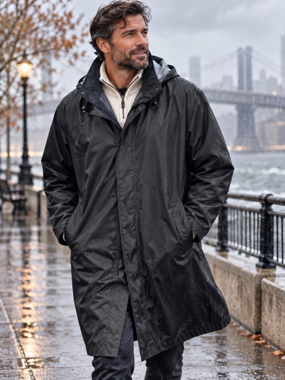 London Fog Men’s XXL Vintage 90s Black Long Rain Windbreaker Hooded Coat EUC